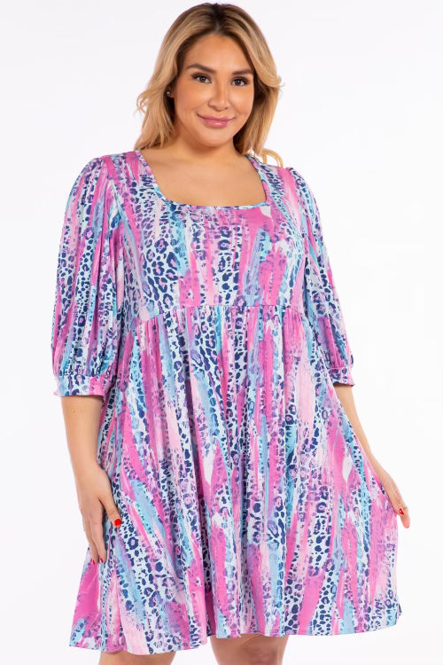 61 PQ-C [Southern Social}***SALE*** Pink Printed Babydoll Dress PLUS SIZE 1X 2X 3X