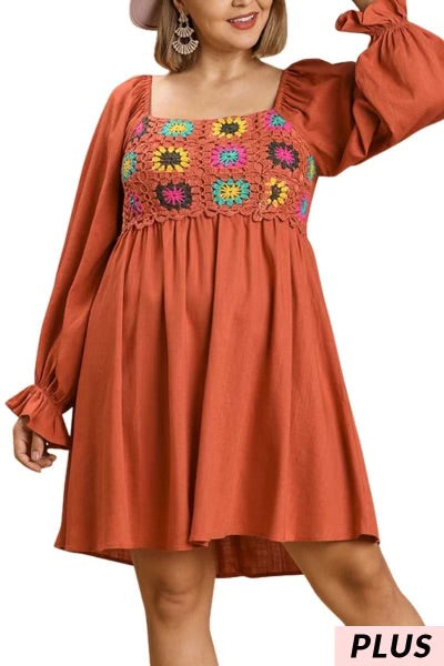 31 CP-B {Flower Power} 'Umgee" Rust Crochet Front Dress SALE!!  PLUS SIZE XL 1X 2X