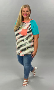 63 CP-A {Cosmic Love}  SALE! Teal/Coral Contrast Top with Pocket PLUS SIZE XL 2X 3X