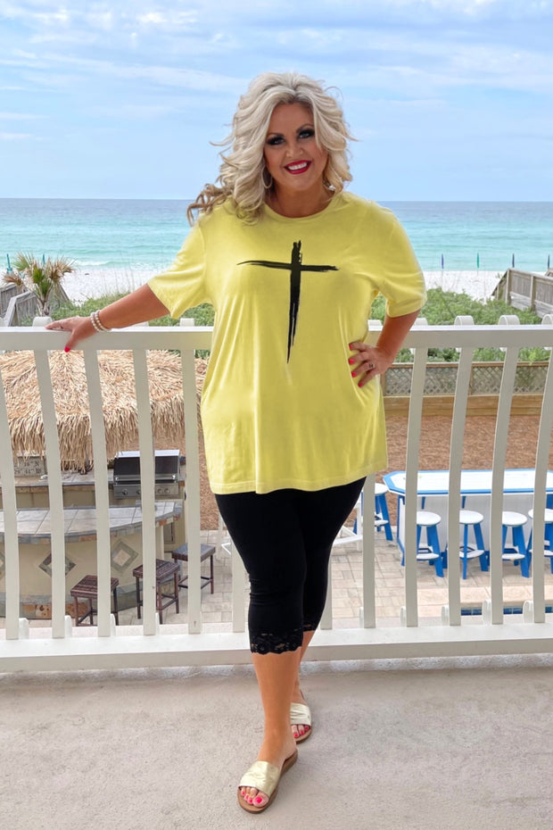 26 GT-M {Find Inner Peace} Yellow Cross Print Graphic Tee PLUS SIZE 2X 3X