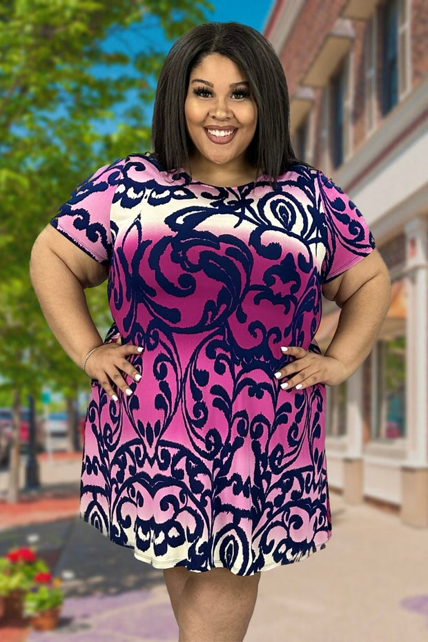 26 PSS-C [Plum Attraction} Plum Print Dress w/Pockets PLUS SIZE XL 2X 3X