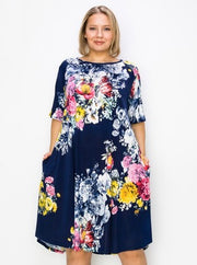 81 PSS-A {Floral Finesse} Navy Floral Dress w/Pockets EXTENDED PLUS SIZE 3X 4X 5X