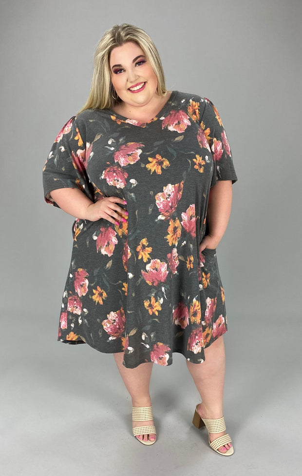 32 PSS-C {No Fooling Around} Charcoal Floral V-Neck Dress EXTENDED PLUS SIZE 3X 4X 5X