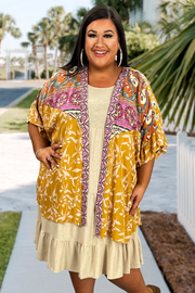 13 OT-M {Sandy Memories} Umgee Gold Print Kimono PLUS SIZE XL/1X  1X/2X