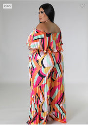 LD-P {Spicy Girl} Multi-Color Print Off Shoulder Jumpsuit PLUS SIZE 1X 2X 3X