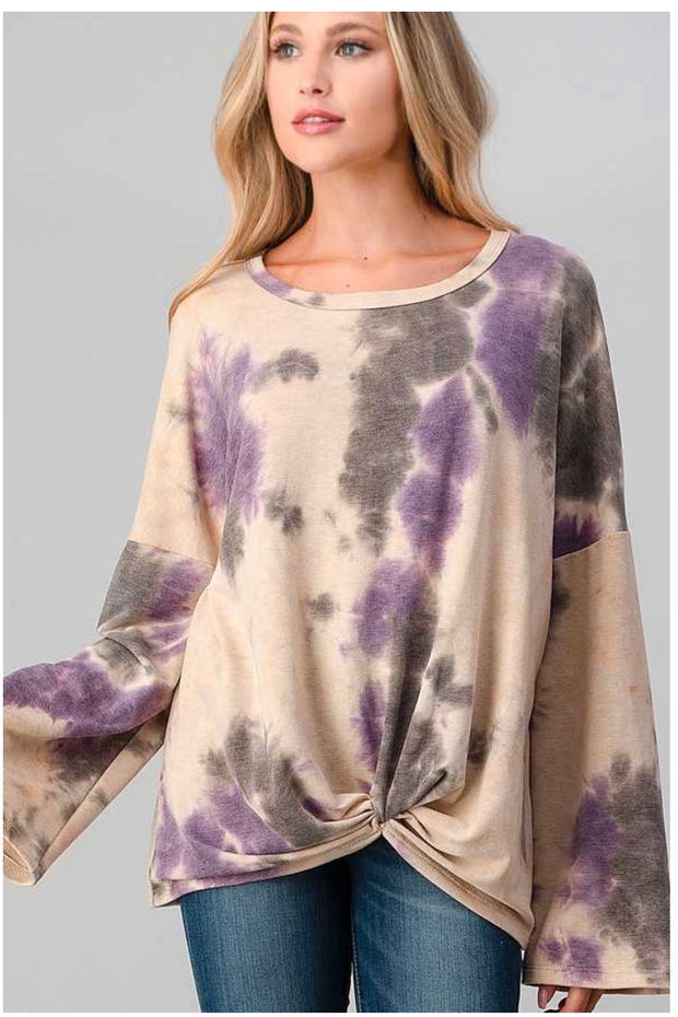 PLS-A {Knot For Me} Tan  Purple Tie Dye Knot Hem Tunic PLUS SIZE XL 2X 3X