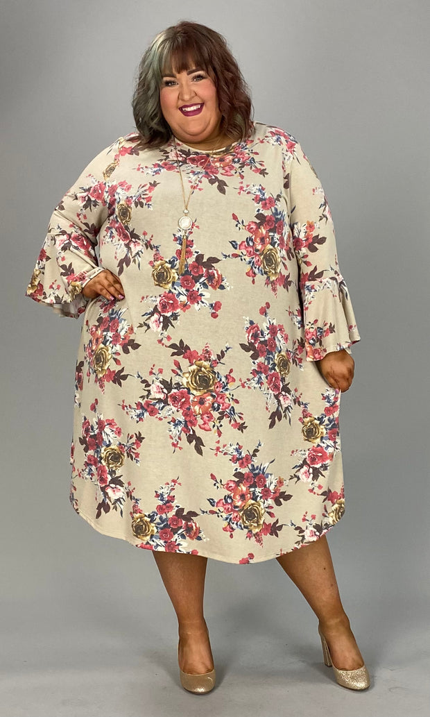 64 PQ-M {Love And Honey} ***SALE*** Taupe Floral Bell Sleeve Dress EXTENDED PLUS SIZE 3X 4X 5X