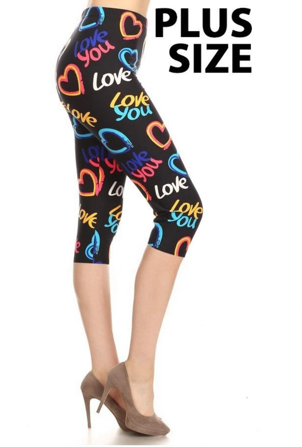 BIN 98- {Love You) Graphic Heart Butter Soft Capri Leggings Plus Size