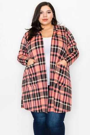 53 OT-W {Refreshing Thought} Coral Plaid Cardigan w/Hood CURVY BRAND!!!  EXTENDED PLUS SIZE 3X 4X 5X 6X