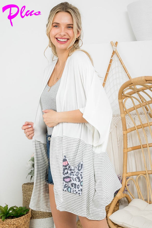 33 OT-E {A Little Wild} SALE!! Cream/H.Grey Stripe Leopard Kimono PLUS SIZE 1X 2X 3X