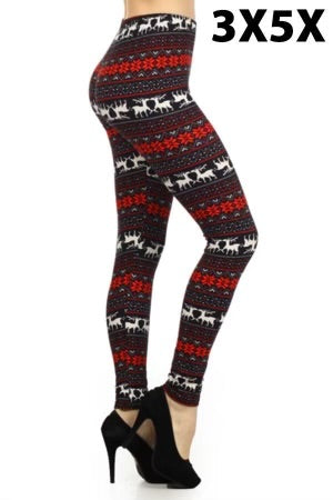 LEG - 23  {Reindeer Play Time} Black Deer Print Leggings EXTENDED PLUS SIZE 3X/5X