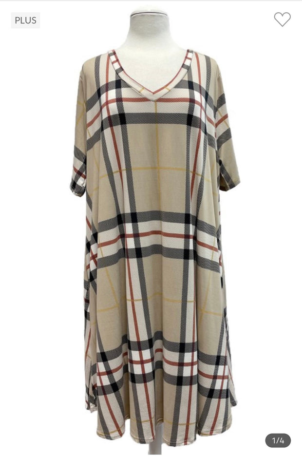 89 PSS-X {Missing Pieces} Taupe Gingham V-Neck Dress EXTENDED PLUS SIZE 3X 4X 5X