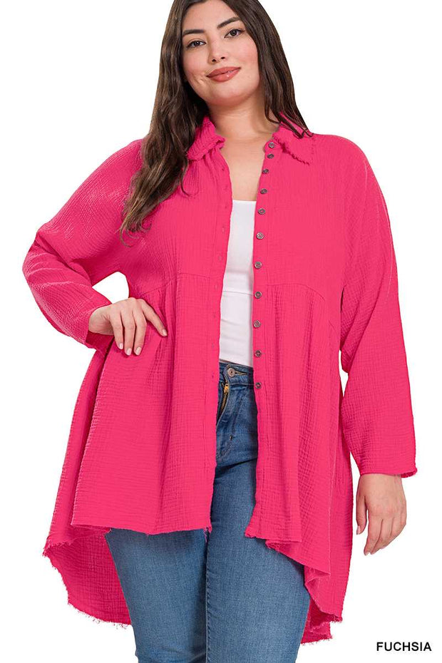 21 SLS-C {Fun And Done} Hot Pink Peplum Raw Edge Top PLUS SIZE 1X 2X 3X