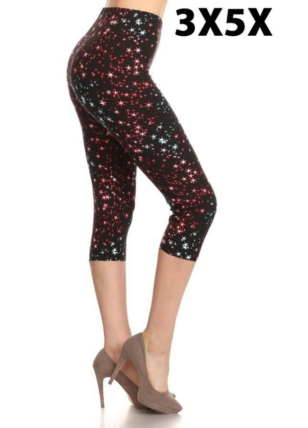 LEG-36 {Spectacular Sparkles} Red/Blue Star Butter Soft Capri Leggings EXTENDED PLUS SIZE 3X/5X