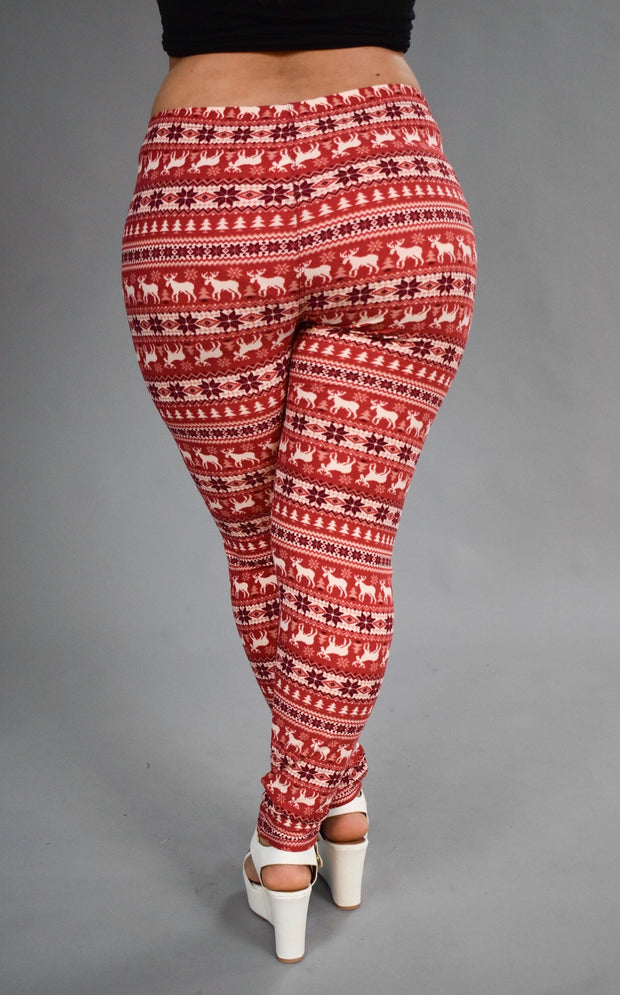 LEG-27 Happy Holidays Red Snowflake/Deer Leggings X-PLUS