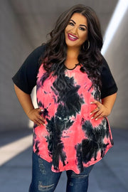 29 CP-J {For Your Pleasure} Black/Neon Coral Tie Dye Tunic CURVY BRAND!!! EXTENDED PLUS SIZE XL 2X 3X 4X 5X 6X