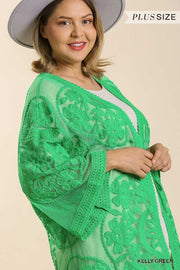 58 OT-T {Never Miss A Beat} "Umgee" Kelly Green Lace Kimono PLUS SIZE XL 1X 2X