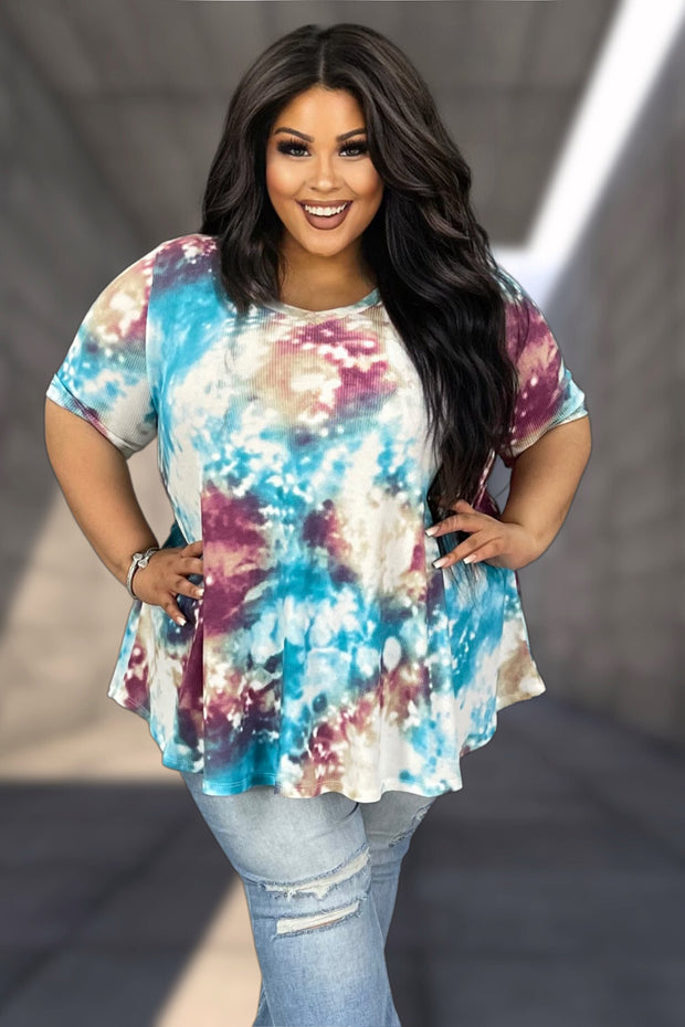 64 PSS-Z {Drifting Away} Turquoise Tie Dye Waffle Knit Top PLUS SIZE XL 2X 3X