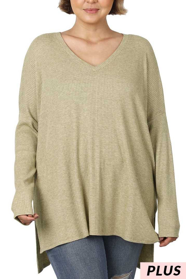 91 SLS-Z {See You There} Dusty Olive Ribbed V-Neck Top SALE!!! PLUS SIZE 1X 2X 3X