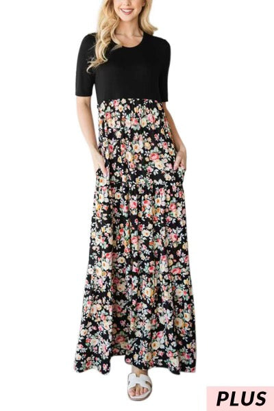 LD-Z {By All Means} Black/Floral Long***FLASH SALE*** Dress W/Pockets PLUS SIZE 1X 2X 3X