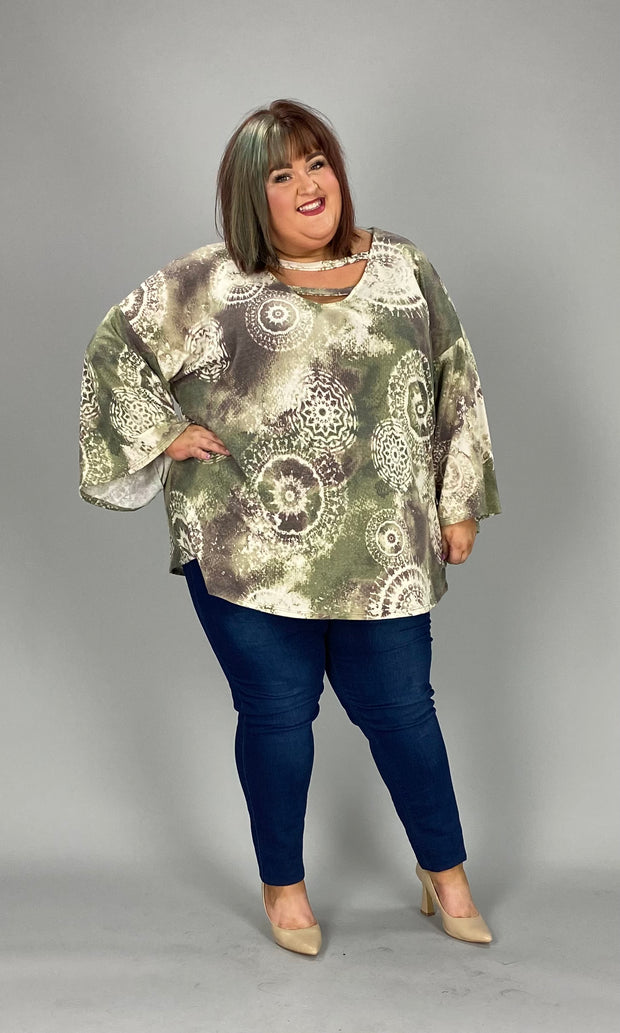 93 PLS-A {Curvy Distraction} Olive Print Top W/Neck Detail EXTENDED PLUS SIZE 3X 4X 5X 6X