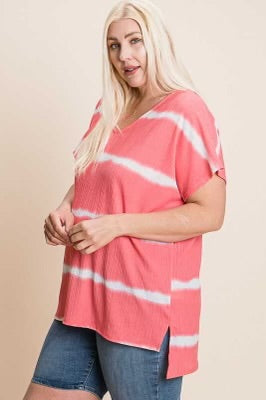 33 PSS-A {Who Am I} Coral Tie Dye Stripe Top PLUS SIZE XL 2X 3X