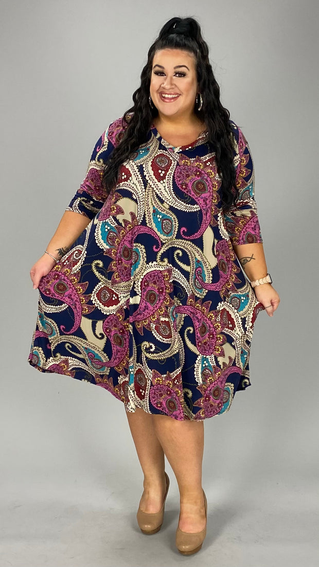 89 PQ-Z {Happiness Revealed} Navy Paisley Print V-Neck Dress EXTENDED PLUS SIZE 3X 4X 5X *** FLASH SALE***