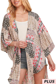 19 OT-R {Delicately Delivered} Charcoal Coral Print Kimono PLUS SIZE XL 2X 3X