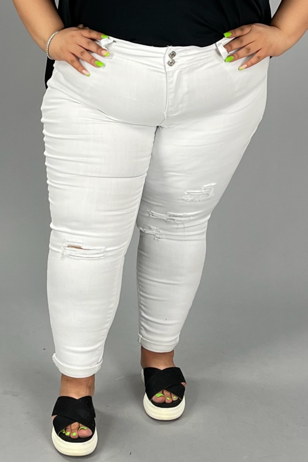 LEG-83 or BT-J {YMI Wanna Betta Butt} White Ripped Cuffed Ankle Jeans PLUS SIZE 14 16 18 20