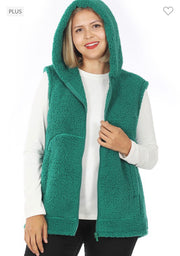 63 OT-P {Looking For Fun} Hunter Green Sherpa Hooded Vest PLUS SIZE 1X 2X 3X