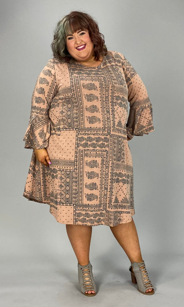 76 PQ-G {Matters To Me} Dusty Rust Print Bell Sleeve Dress EXTENDED PLUS SIZE 3X 4X 5X