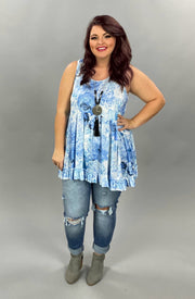 SV-D {A Little Flirtatious} Blue Floral ***SALE***Sleeveless Ruffle Hem Top PLUS SIZE 1X 2X 3X