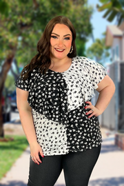 23 CP-C {Lovers Twist} Ivory/Black SALE!! Floral V-Neck Top PLUS SIZE XL 2X 3X