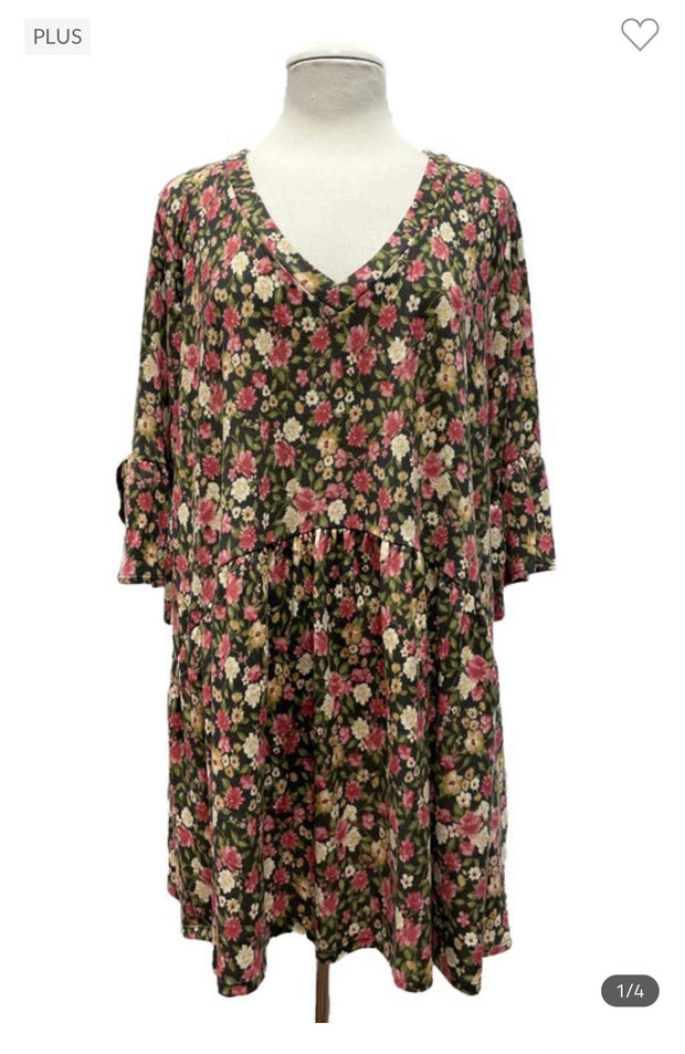 30 PSS-E {Got Me Wondering} Olive Floral Babydoll Top EXTENDED PLUS SIZE 3X 4X 5X