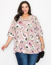 79 PQ-A {Floral Thrills} Mauve SALE!!  Floral Babydoll Top EXTENDED PLUS SIZE 3X 4X 5X