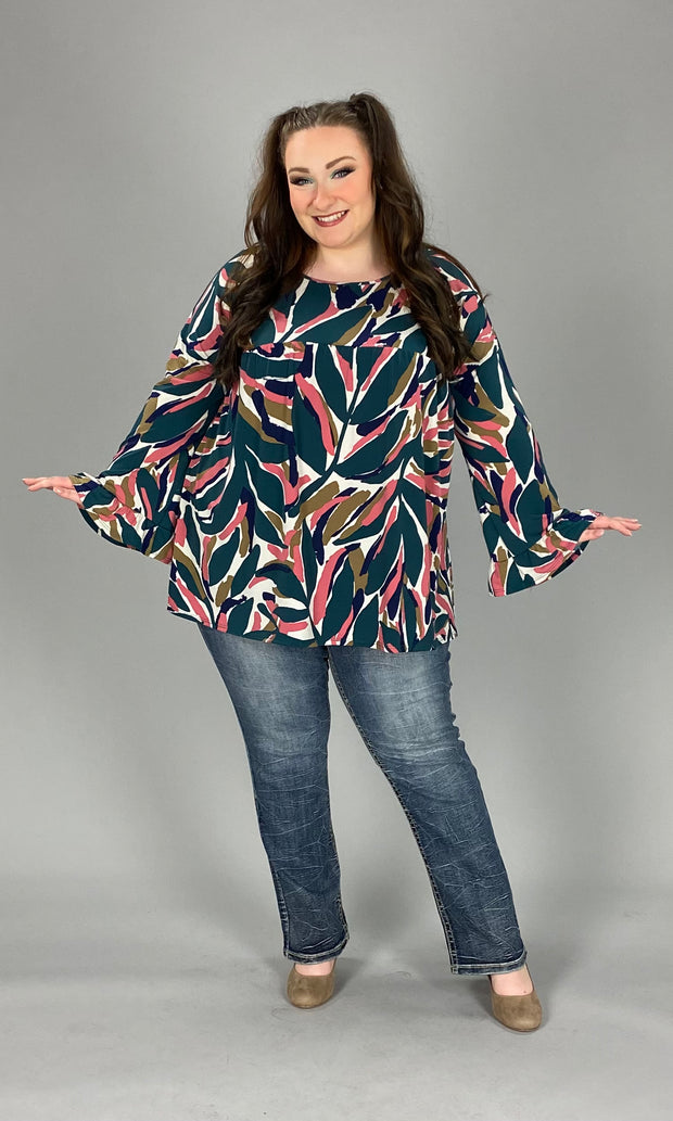 96 PLS-R {Waiting On Love} Green/Mauve  Print Babydoll Top PLUS SIZE 1X 2X 3X