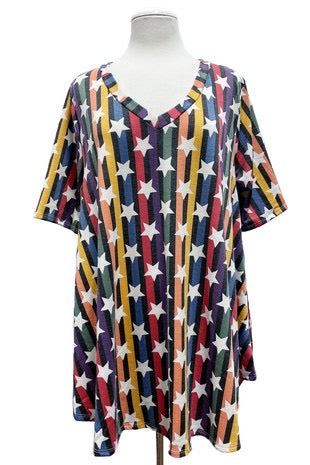 28 PSS-D {Hear Me} Rainbow Stars Stripes V-Neck Top EXTENDED PLUS SIZE 3X 4X 5X