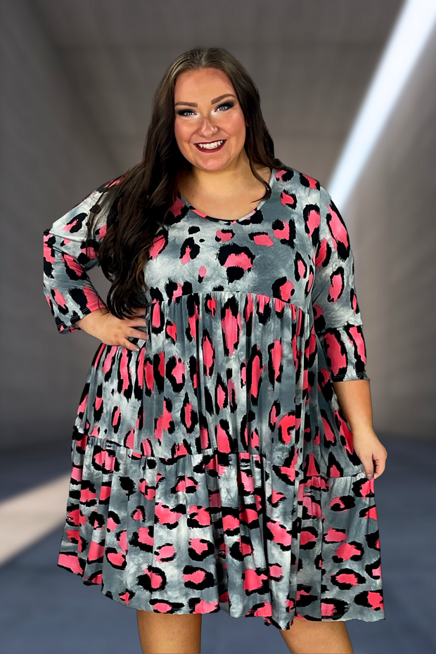 37 PQ-F {What A Joy} Pink Leopard Print V-Neck Tiered Dress PLUS SIZE 1X 2X 3X