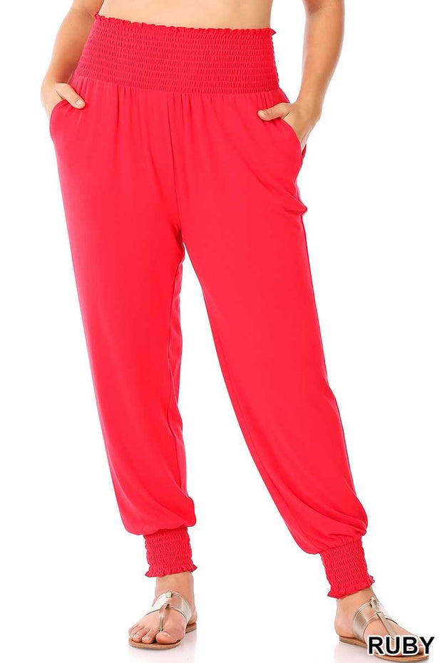 BIN 98 {Jog Around Town} Red Smocked Waist Jogger Pants PLUS SIZE XL 2X 3X