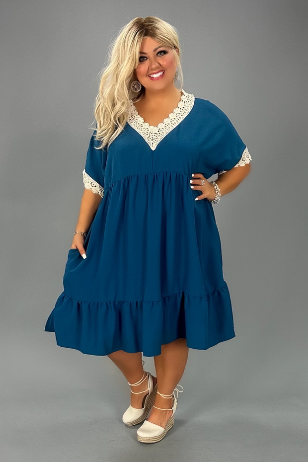 13 SD-M {Believe In You} Dk. Teal Tiered Dress w/Lace Trim PLUS SIZE XL 2X 3X