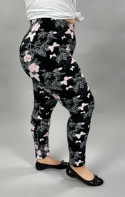 BIN 98 {Pink Butterflies} Black Butterfly Print Leggings EXTENDED PLUS SIZE 3X/5X