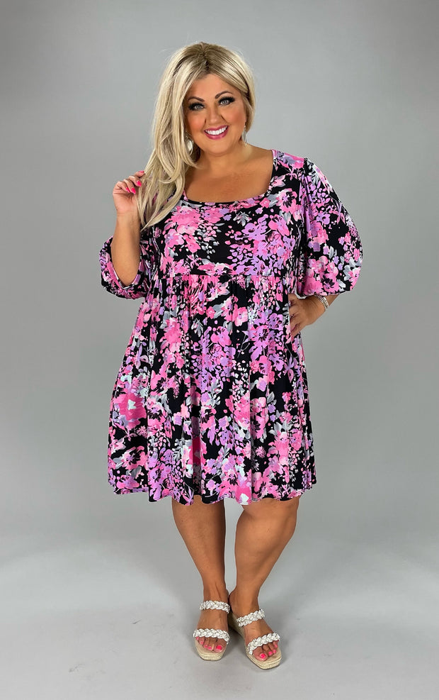 55 PQ-B {Blissfully In Love} ***SALE***Black/Pink Floral Babydoll Dress PLUS SIZE 1X 2X 3X