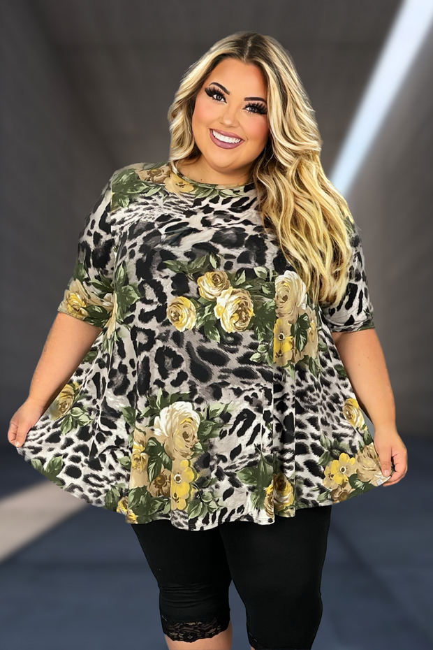 60 PSS-D {As Individual As You} Grey Floral Print Top EXTENDED PLUS SIZE 4X 5X 6X