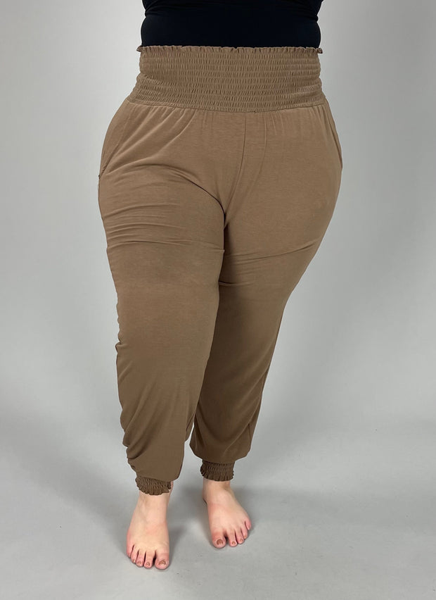 LEG-50 {Going Anywhere} Mocha Smocked Cuff Jogging Pants PLUS SIZE 1X 2X 3X   SALE!!!!