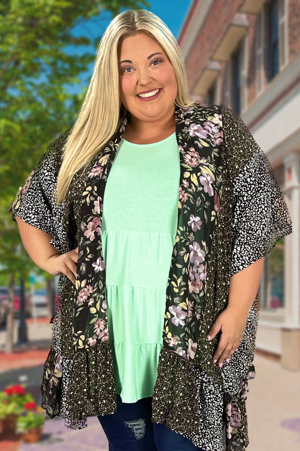 34 OT-L {I Am Here} Umgee Black Mulit-Print Kimono PLUS SIZE XL/1X  1X/2X