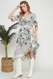 11 PSS-G {We Belong} Grey Floral Print Front Wrap Ruffle Dress PLUS SIZE XL 2X 3X