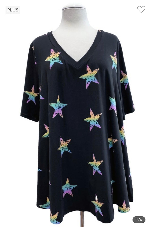 28 PSS-Z {Rebellious Star} Black Star Print V-Neck Top EXTENDED PLUS SIZE 3X 4X 5X