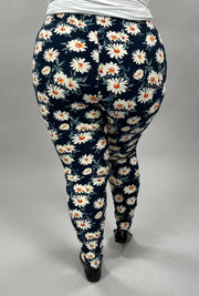 LEG-31 {Blue Daisy}  Navy Daisy Printed Leggings EXTENDED PLUS SIZE