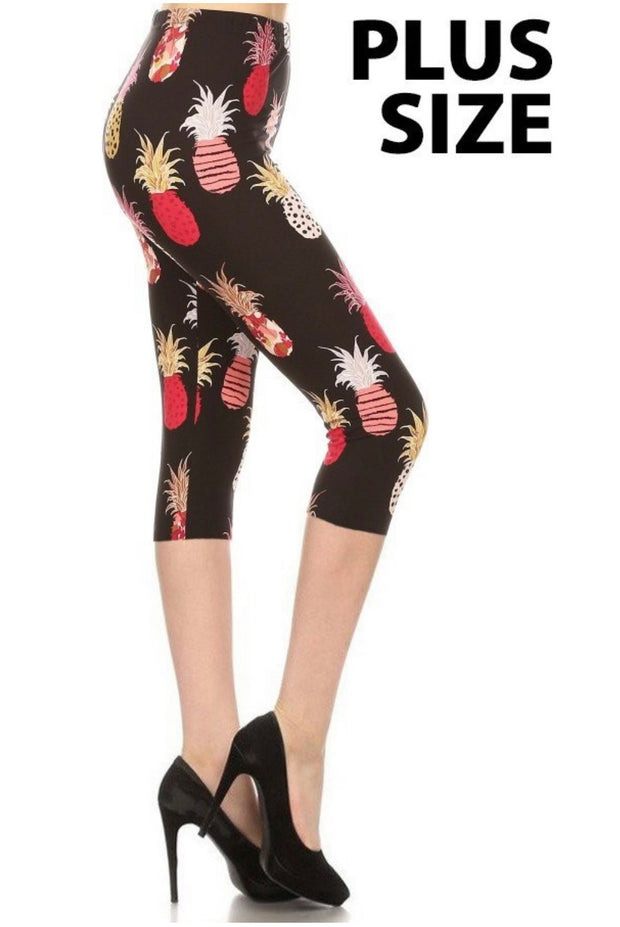 LEG-54 {Paradise Valley) Black Pianeapple Butter Soft Capri Leggings Plus Size