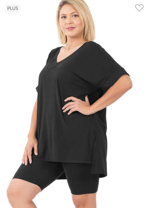 53 SET-S {Set The Curvy} Black***SALE*** V-Neck Short Set PLUS SIZE 1X 2X 3X